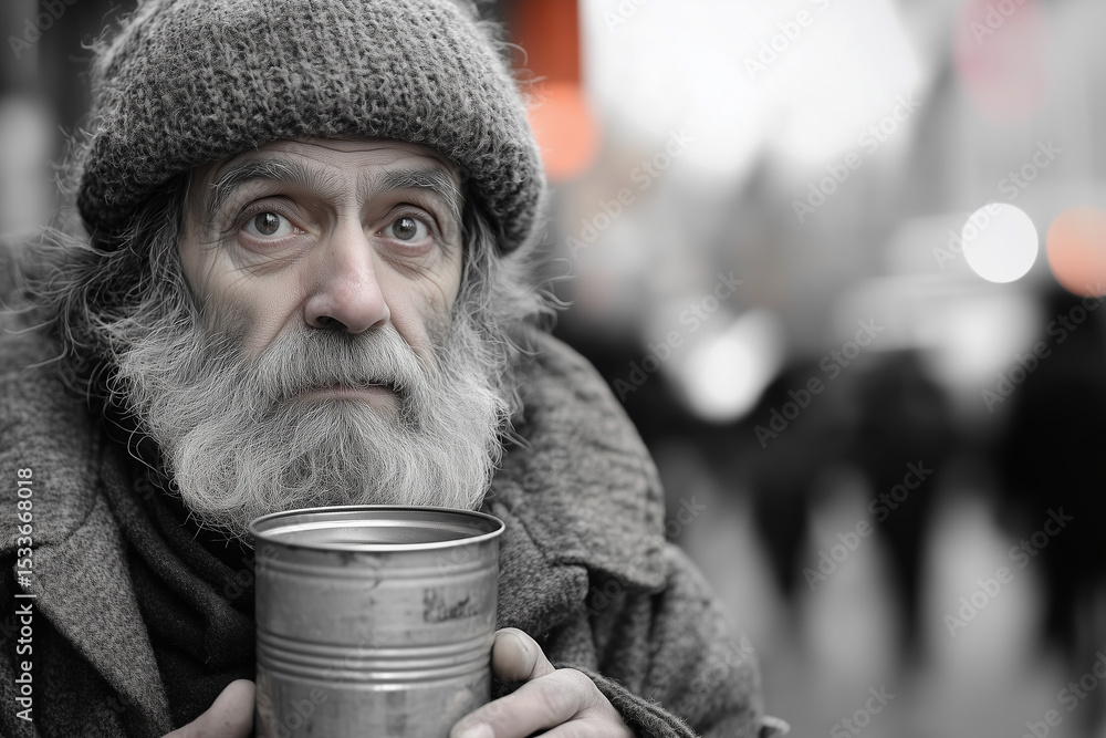 old homeless beggar man on street holding an empty tin can. begging for money old homeless beggar man on street holding an empty tin can. begging for money