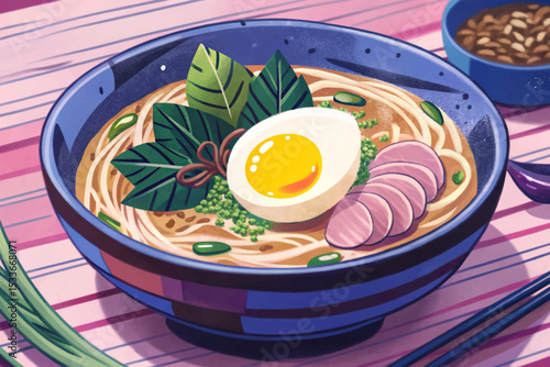 Japanese ramen bowl with soft-boiled egg, miso broth, noodles, and toppings, showcasing traditional Asian cuisine and comfort food appeal