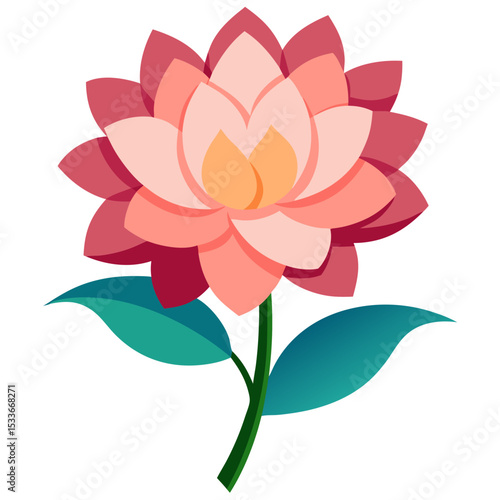  a lotus flower with layered pink and coral-colored petals surrounding a yellow center, attached to a green stem with two teal-colored leaves.