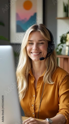 A mid-adult woman is engaged in a customer support call, smiling as she types on her computer in a modern office setting