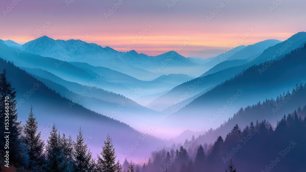 Obraz premium Ethereal Mountain Vista: Pastel Fog Layers