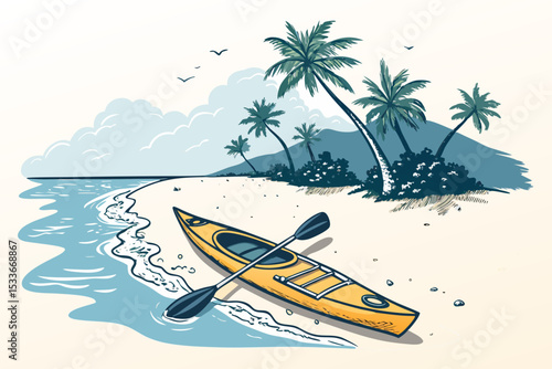 Create a bold vector illustration of a kayak resting on a sandy beach, emphasizing strong outlines and minimal detail.