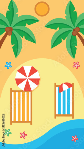 Tropical beach scene illustration featuring palm trees, sun, beach umbrella, and loungers