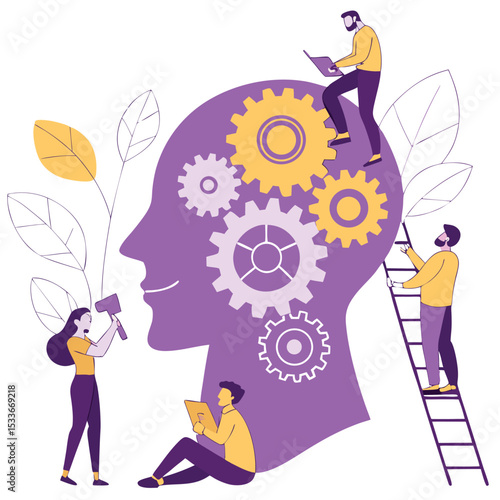 Human mind with gears and people