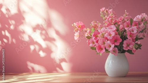 Wallpaper Mural Pink flowers in a white ceramic vase sit on a sunlit wooden table against a pastel pink wall. Soft shadows from a window create a calm, romantic, and minimalist springtime atmosphere. Torontodigital.ca