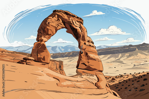 Create a bold, vector illustration of a natural sandstone rock arch, emphasizing texture and depth.  Include dramatic lighting and shadows.