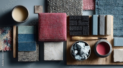 Creative flat lay of interior designer moodboard showcasing textile and paint samples alongside blue lamella panels and tiles in a pink, black, blue and light grey color palette.