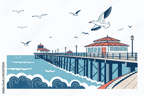 Create a bold vector illustration of a seaside pier scene, featuring a prominent seagull, with thick, strong outlines and vibrant colors.