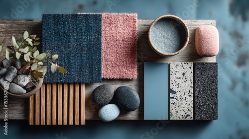 Creative flat lay of interior designer moodboard showcasing textile and paint samples alongside blue lamella panels and tiles in a pink, black, blue and light grey color palette.