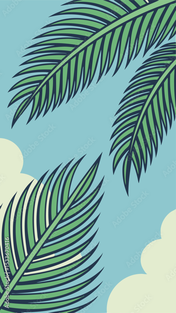Fototapeta premium Tropical palm leaves artwork with light blue sky and white clouds background illustration