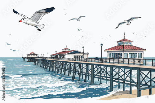 Create a bold vector illustration of a seaside pier scene, featuring a prominent seagull, with thick outlines and strong contrasts.