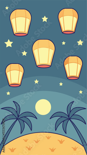 Tropical night sky with lanterns palm trees and stars aesthetic illustration
