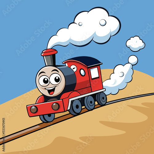 Spirited determined little train chugging uphill, a puff of smoke showing its journey.