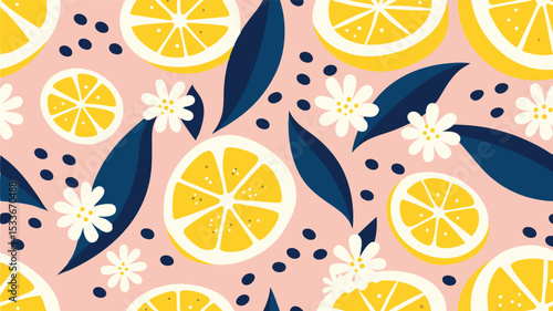 Seamless pattern with lemon slices flowers and leaves on a light pink background creating a vibrant design
