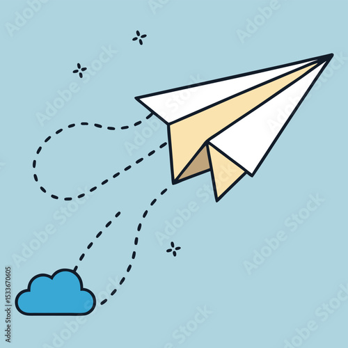 Ambitious determined paper airplane soaring upwards, leaving a dotted trail of hope.