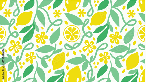 Seamless pattern with lemons, flowers, leaves and abstract swirls on a white background surface design