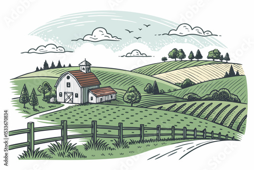 Create a bold, vector illustration of a rural landscape featuring rolling hills, farmhouses, and trees.  Use thick, impactful strokes.