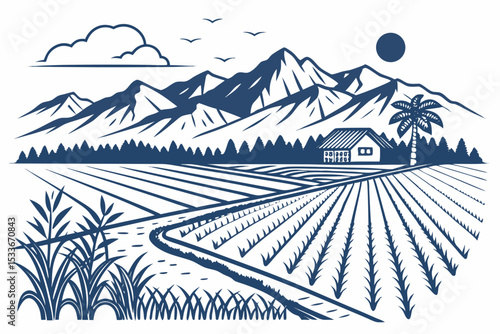 Create a bold vector illustration of a rural rice paddy field landscape, showcasing lush green rice plants and distinct field lines.