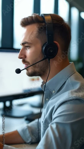A mid-adult man engages in a customer support call at a vibrant call center, smiling and assisting a client through his headset