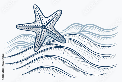 Create a bold, vector illustration of a single starfish on a sandy beach shore; emphasize strong black outlines and a clean, minimalist style.