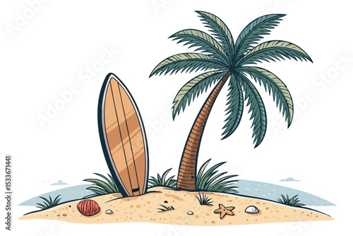 Create a vector illustration of a bold-stroked surfboard leaning against a wall, showcasing a vibrant, summery color palette.