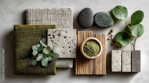 Creative flat lay of interior designer moodboard featuring textile and paint samples, panels, and cement tiles in a beige, grey, and green color palette.