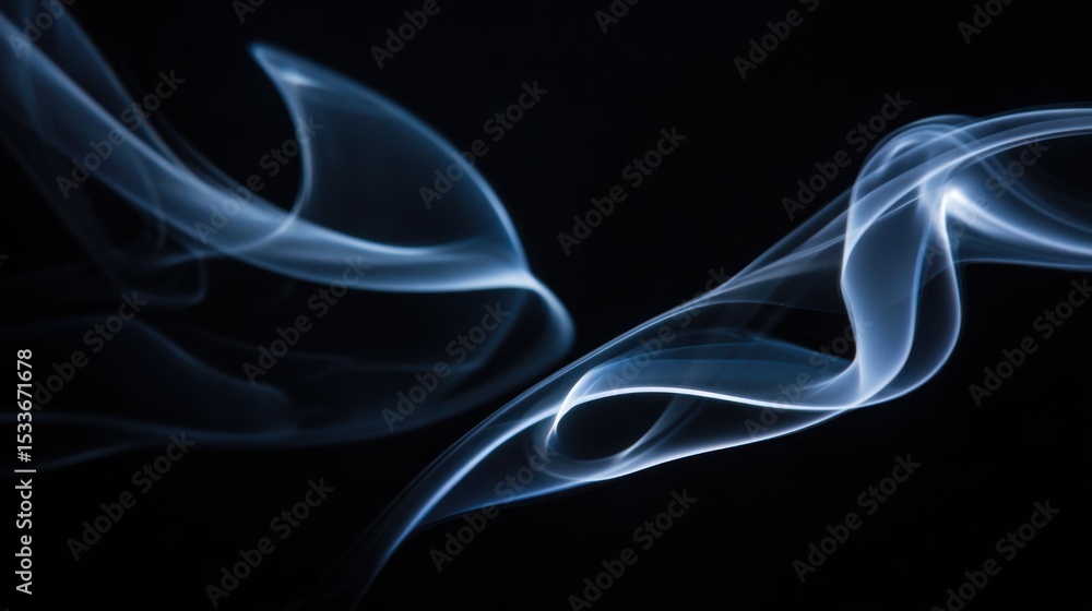 Naklejka premium Ethereal light-blue smoke swirls and twists elegantly against a stark black background, forming graceful, flowing shapes with varying concentrations and wispy textures. The luminous smoke creates a st