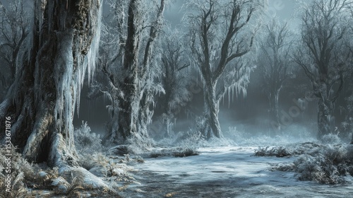 Frozen winter forest path