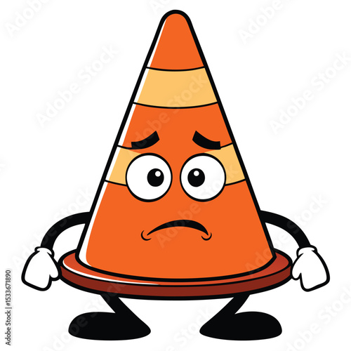 Humorous grumpy traffic cone with its top bent over, looking sad and neglected.