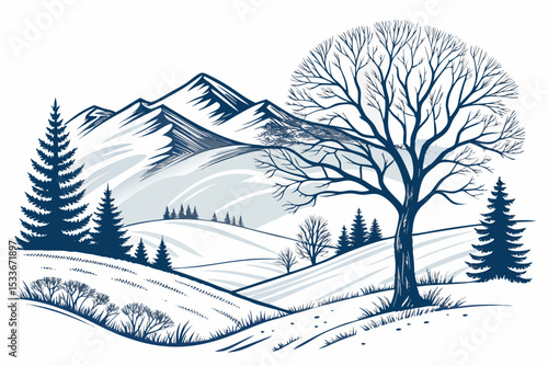 Create a bold vector illustration of a stark tundra landscape featuring minimalist forms, emphasizing strong lines and shapes.  Include a single, prominent element (1).