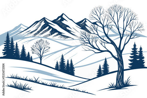 Create a bold vector illustration of a stark, minimalist tundra landscape featuring sparse vegetation, rocky terrain, and a dramatic sky.