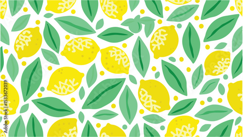 Seamless pattern featuring lemons and leaves scattered across a white background in a repeating design