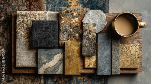 Creative flat lay composition with textile and paint samples, panels, and tiles. Stylish interior designer moodboard in golden and dark beige color palette.