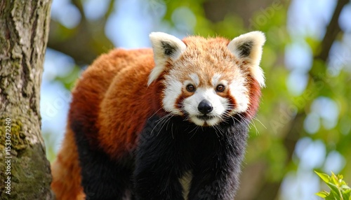A red panda is standing and staring at you.