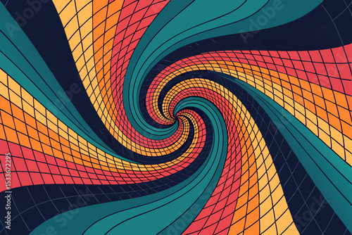 Generate a vibrant, abstract image featuring a distorted grid pattern with bold, contrasting colors.  The design should exhibit a strong sense of visual depth and dynamic energy.