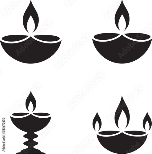 Diya lamp silhouette set vector illustration isolated On Transparent Background