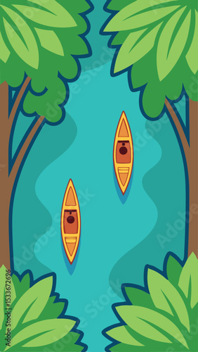 Two canoes floating in a peaceful river surrounded by trees cartoon illustration