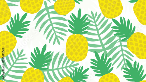 A repeating pattern of yellow pineapples and green palm leaves on a white background creates a vibrant design