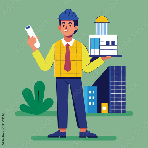 Visionary man architect holding a rolled-up blueprint, imagining a new building design.