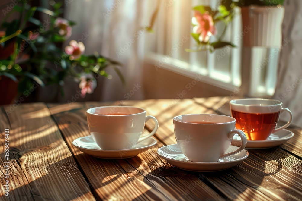Vibrant Color Visual of Three Cups of Tea and Two Cups of Tea Sit on a Table Vibrant Color Visual of Three Cups of Tea and Two Cups of Tea Sit on a Table
