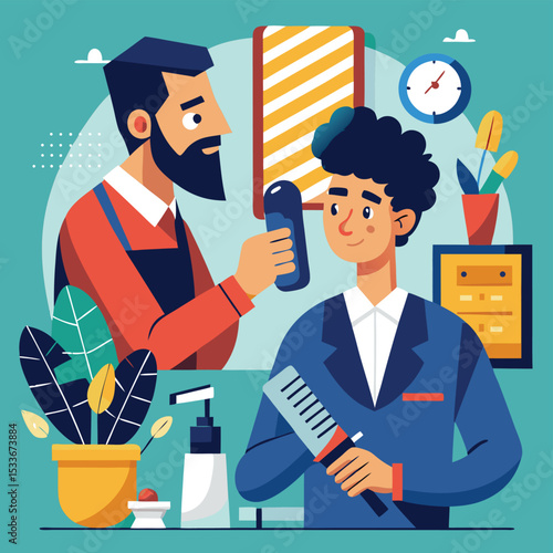 Professional man barber holding clippers and a comb, looking focused and ready for a haircut.