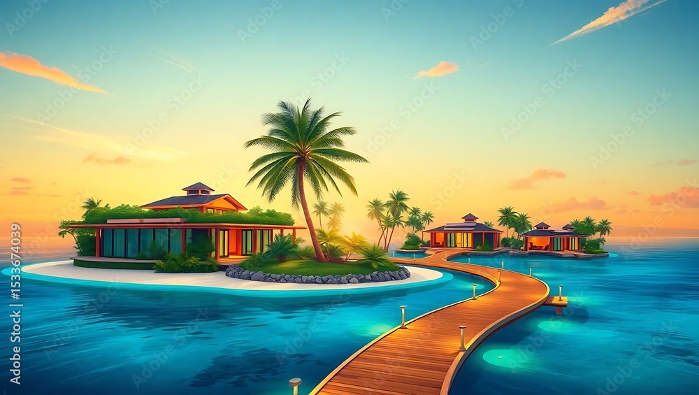 Fototapeta premium Luxury tropical island villas at sunset