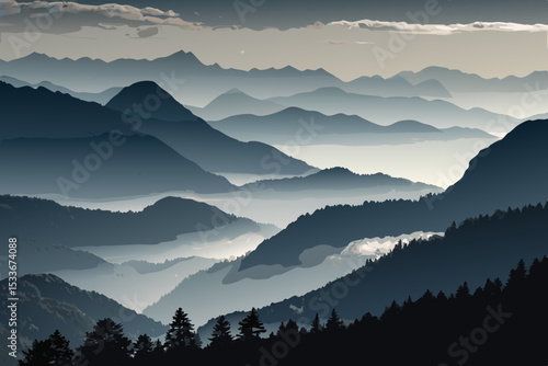 Create a dark, moody image of layered mountains shrouded in thick fog, with miniature figures adding scale.  Emphasize atmospheric perspective and gradient color transitions.