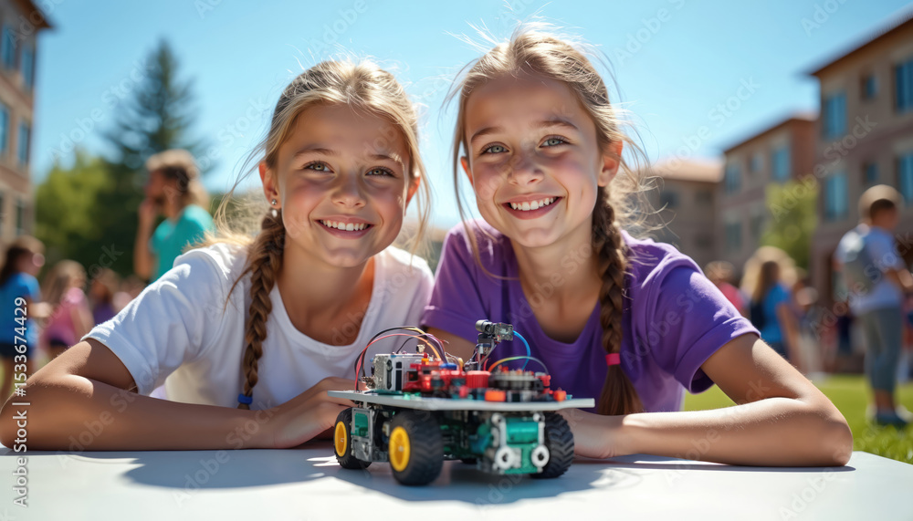Fototapeta premium Two enthusiastic girls proudly display robotics project at STEM camp. Bright sunlight, university campus in background, team collaboration. STEM education summer activity. Smiling girls, project