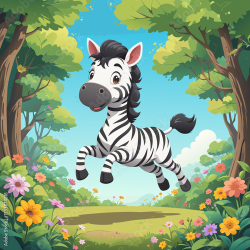 Cute zebra foal leaping in a sunny forest