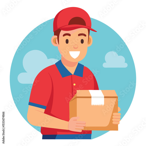 A man, delivery driver, holding a package, smiling and providing service.