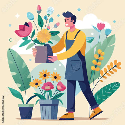 A man, florist, arranging a bouquet of flowers, showcasing artistry and beauty.