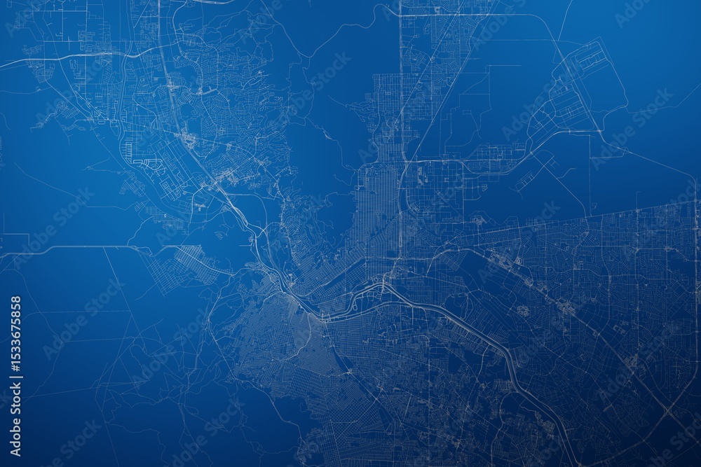 Stylized map of the streets of El Paso (Texas, USA) made with white lines on abstract blue background lit by two lights. Top view. 3d render, illustration Stylized map of the streets of El Paso (Texas, USA) made with white lines on abstract blue background lit by two lights. Top view. 3d render, illustration