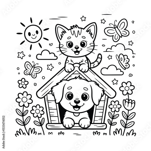 Cartoon cat and dog in a dog house surrounded by flowers and butterflies