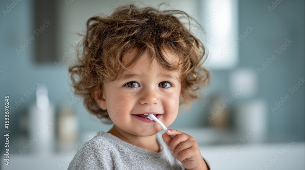Smiling toddler brushing teeth, promoting children's dental hygiene Smiling toddler brushing teeth, promoting children's dental hygiene